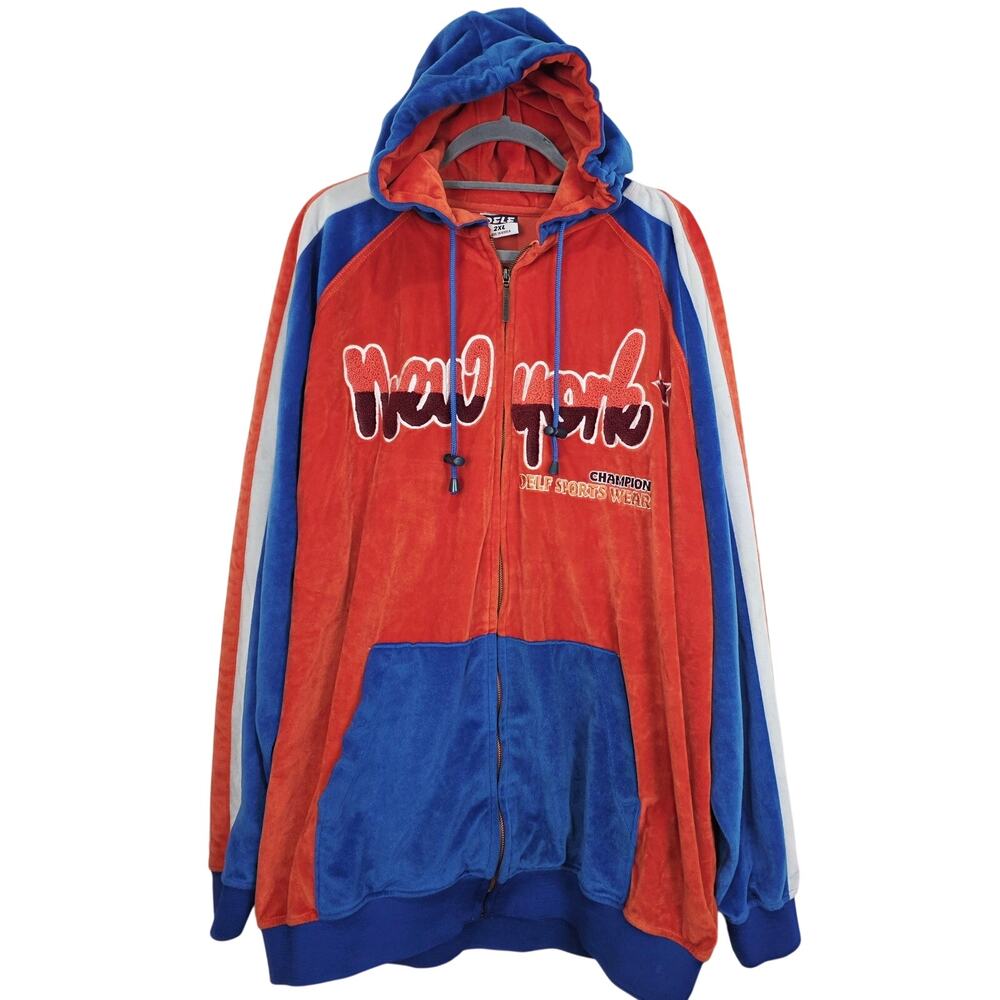 VTG DELF NY Velour Zip Hoodie 2XL Knicks Colorway